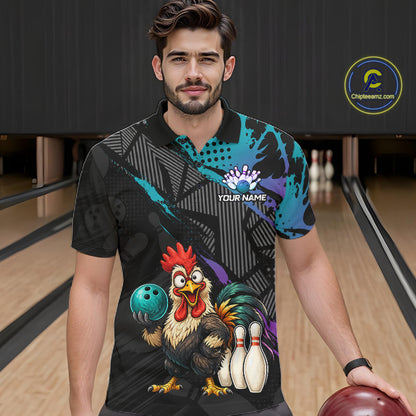 Custom Neon Blue Purple Funny Rooster Bowling Men Polo & 1/4 Quarter Zip Shirt, Bowling Team NBT932
