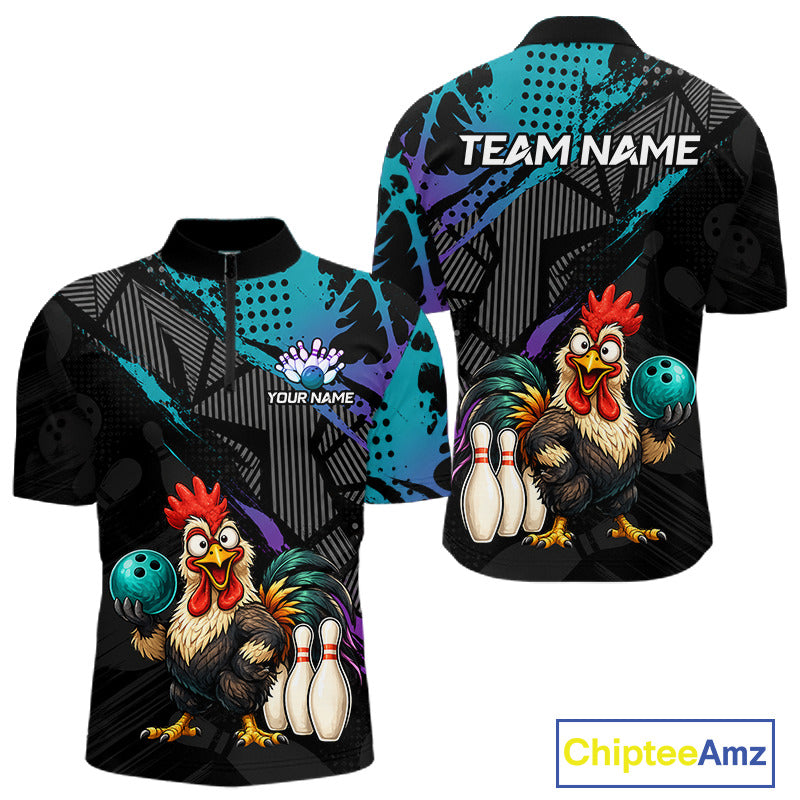 Custom Neon Blue Purple Funny Rooster Bowling Men Polo & 1/4 Quarter Zip Shirt, Bowling Team NBT932