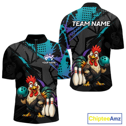 Custom Neon Blue Purple Funny Rooster Bowling Men Polo & 1/4 Quarter Zip Shirt, Bowling Team NBT932