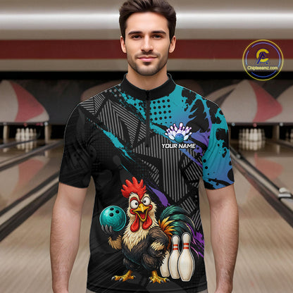 Custom Neon Blue Purple Funny Rooster Bowling Men Polo & 1/4 Quarter Zip Shirt, Bowling Team NBT932