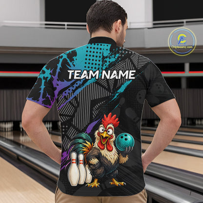 Custom Neon Blue Purple Funny Rooster Bowling Men Polo & 1/4 Quarter Zip Shirt, Bowling Team NBT932