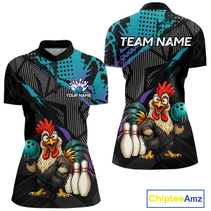 Custom Neon Blue Purple Funny Rooster Bowling Women Polo & 1/4 Quarter Zip Shirt, Bowling Team NBT932