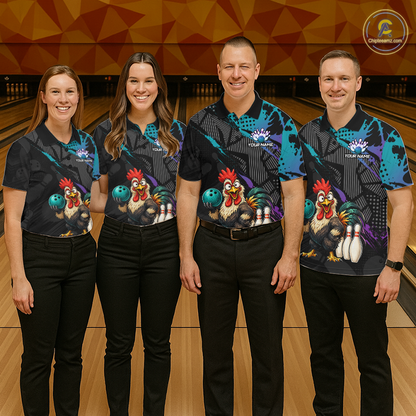 Custom Neon Blue Purple Funny Rooster Bowling Men Polo & 1/4 Quarter Zip Shirt, Bowling Team NBT932