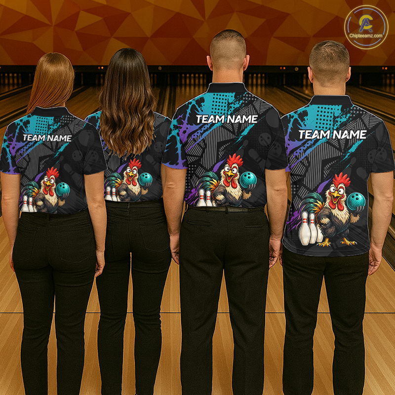 Custom Neon Blue Purple Funny Rooster Bowling Men Polo & 1/4 Quarter Zip Shirt, Bowling Team NBT932