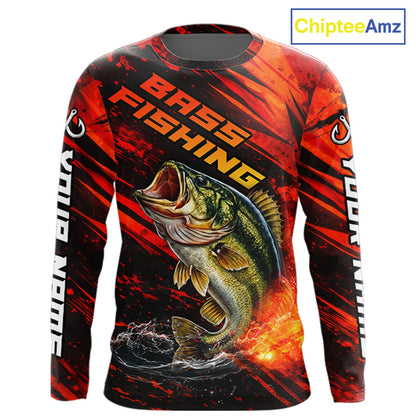 Personalized Fishing Bass Long Sleeve Fishing Shirts Orange Custom Nam, Fishing Shirts For Men NBT382