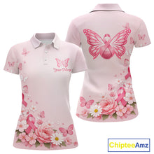 Load image into Gallery viewer, Custom Name Pink Butterfly Floral Pattern Breast Cancer Month Lady Golfer Women's Polo Shirt NBT529