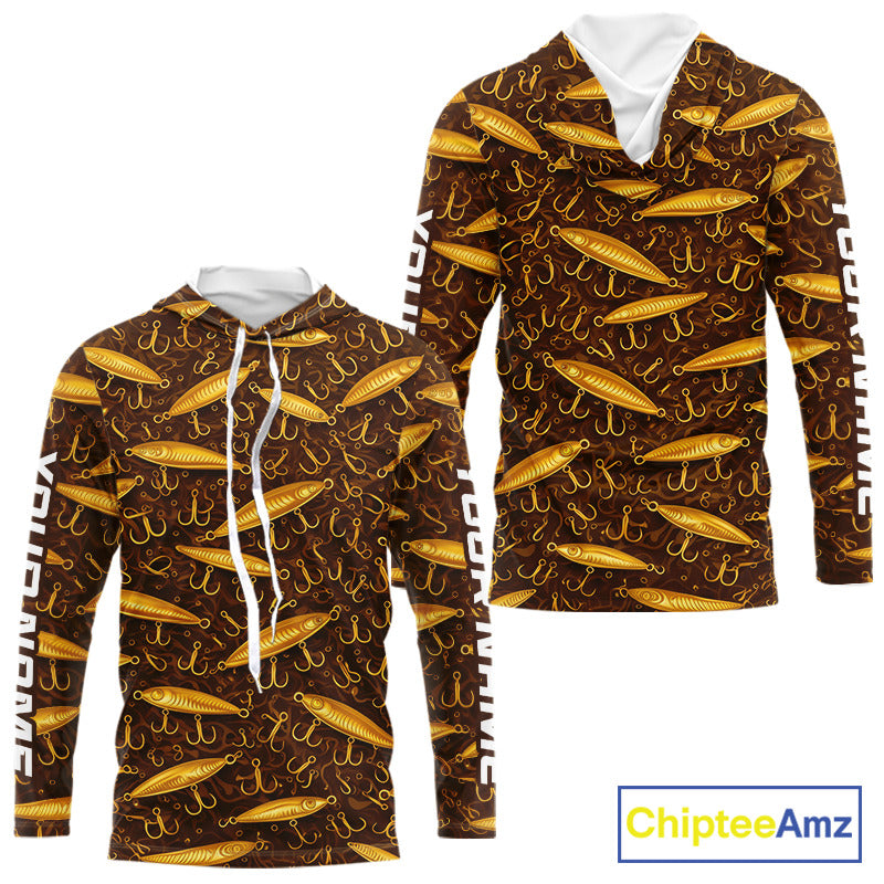 Custom Fishing Lure Yellow Long Sleeve Hooded Fishing Shirts For Men Custom Name, Mens Fishing Outfit NBT388