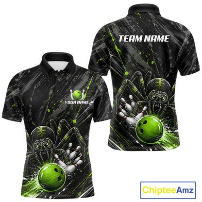 Custom Black And Green Spider Bowling Men Polo & 1/4 Quarter Zip Shirt, Bowling Team Tournament Jerseys NBT936