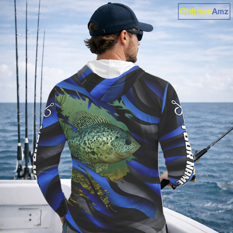 Custom Crappie Fishing Blue Camo Long Sleeve Hooded Fishing Shirts, Crappie Fishing Shirts NBT390