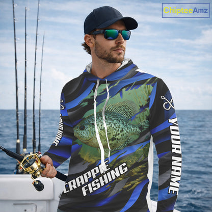 Custom Crappie Fishing Blue Camo Long Sleeve Hooded Fishing Shirts, Crappie Fishing Shirts NBT390