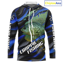 Load image into Gallery viewer, Custom Crappie Fishing Blue Camo Long Sleeve Hooded Fishing Shirts, Crappie Fishing Shirts NBT390