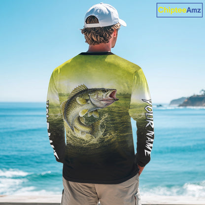 Yellow Walleye Fishing UV Protection Long Sleeve Fishing Shirts, Custom Walleye Fishing Shirts NBT400