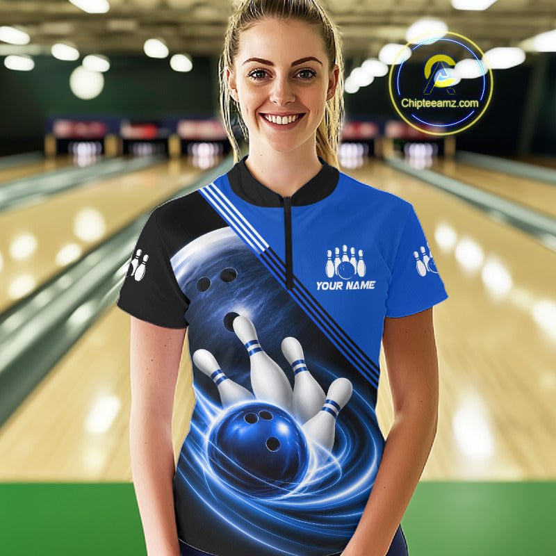Personalized Blue Bowling Jersey Bowling Polo Shirt For Women, Team Bowling League Shirts NBT943