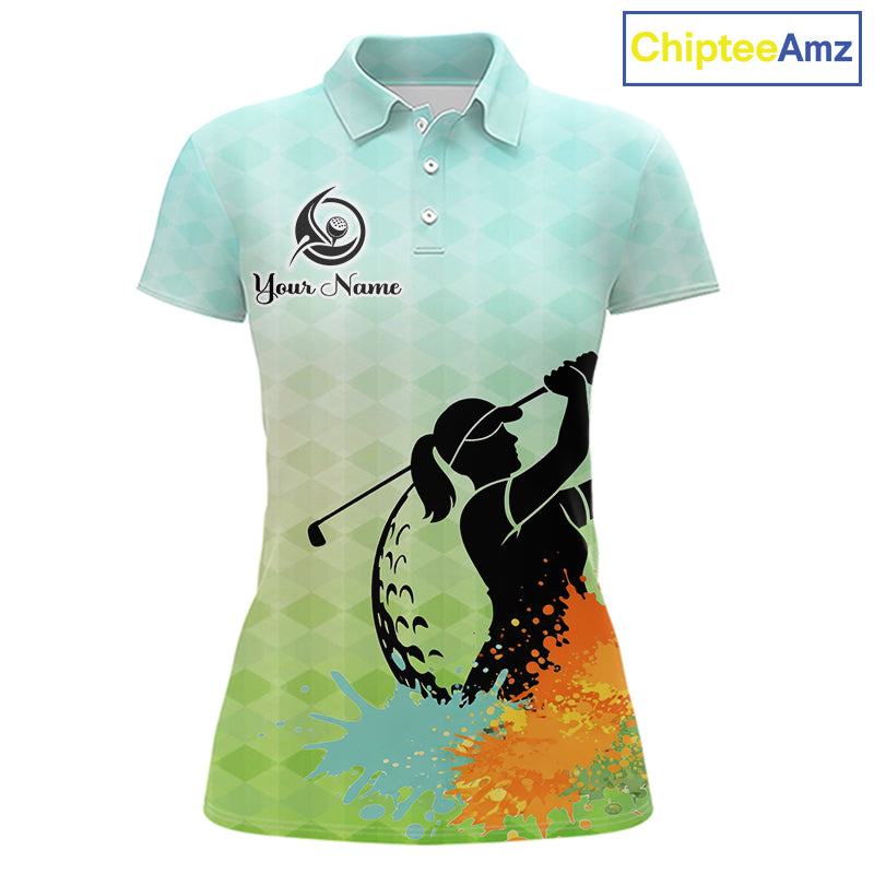Womens Golf Polo Shirt Colorful Argyle Pattern Custom Name And Team Name Golf Shirt, Golfing Gifts NBT559
