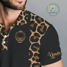 Load image into Gallery viewer, Mens Golf Polo Shirts Brown Leopard Pattern Black Golf Shirt Custom Name Golf Wear For Mens NBT560