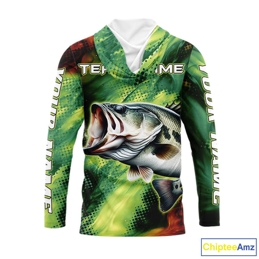 Custom Green Camo Bass Long Sleeve Hooded Fishing Shirts, Bass Fishing Shirts For Men NBT449
