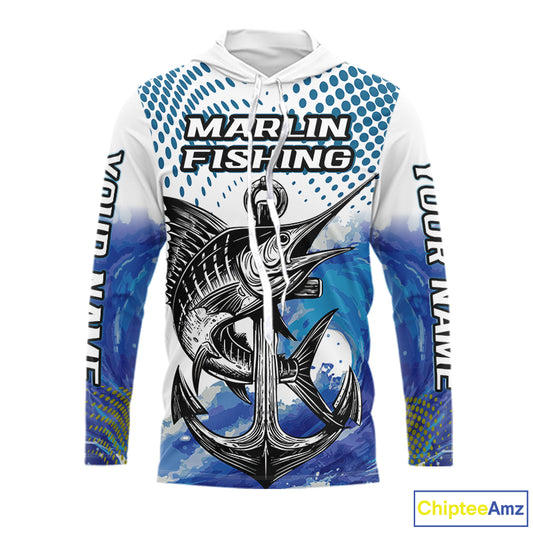 Personalized Blue Marlin Fishing Hood Saltwater Fish Custom Name Tournament Fishing Shirts NBT368