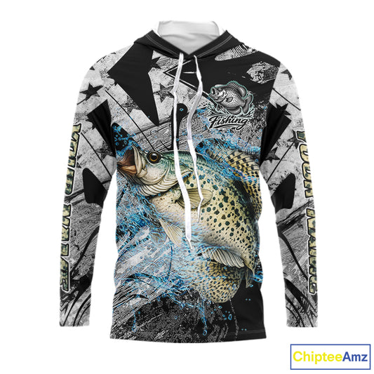 Custom American Flag Crappie Fishing Shirts Long Sleeve with Hood, Crappie Patriotic Fishing Shirt NBT471