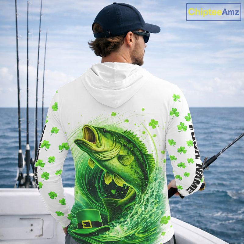Personalized St Patrick's Day Shirts Largemouth Bass Fishing Long Sleeve Hooded, Custom Bass Fishing Jerseys NBT383