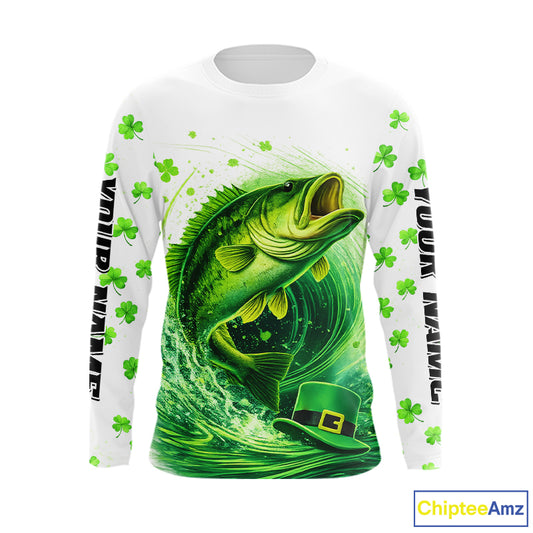 Personalized St Patrick's Day Shirts Largemouth Bass Fishing Long Sleeve, Custom Bass Fishing Jerseys NBT383