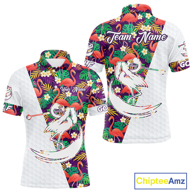 Men Golf Polo Shirts Colorful Floral Flamingo Pattern Tropical Leaves Custom Name Team Golf Shirts NBT524