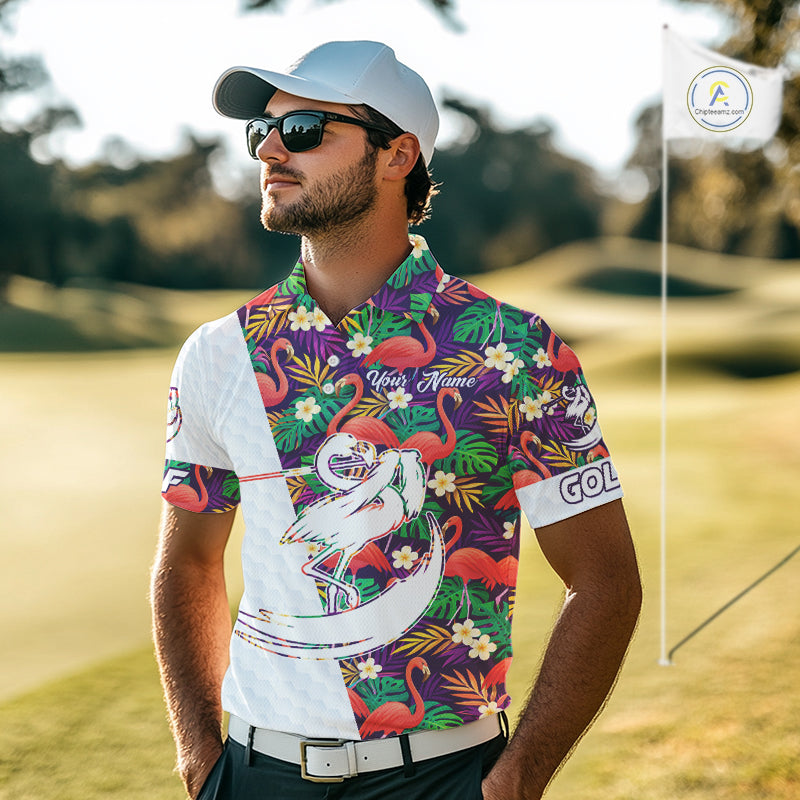 Men Golf Polo Shirts Colorful Floral Flamingo Pattern Tropical Leaves Custom Name Team Golf Shirts NBT524