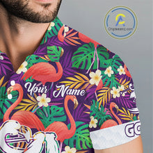 Load image into Gallery viewer, Men Golf Polo Shirts Colorful Floral Flamingo Pattern Tropical Leaves Custom Name Team Golf Shirts NBT524