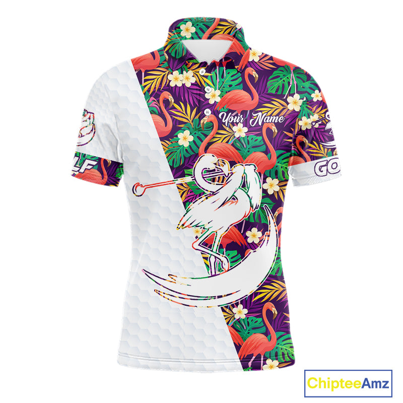 Men Golf Polo Shirts Colorful Floral Flamingo Pattern Tropical Leaves Custom Name Team Golf Shirts NBT524