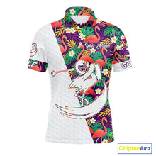Load image into Gallery viewer, Men Golf Polo Shirts Colorful Floral Flamingo Pattern Tropical Leaves Custom Name Team Golf Shirts NBT524
