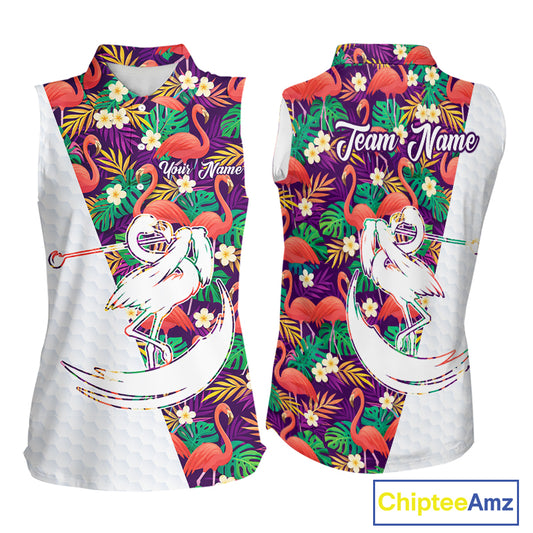 Women Sleeveless Golf Polo Shirts Colorful Floral Flamingo Pattern Tropical Leaves Custom Name Team Golf Shirts NBT524
