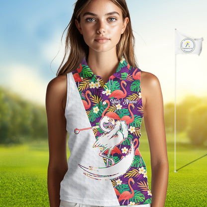 Women Sleeveless Golf Polo Shirts Colorful Floral Flamingo Pattern Tropical Leaves Custom Name Team Golf Shirts NBT524