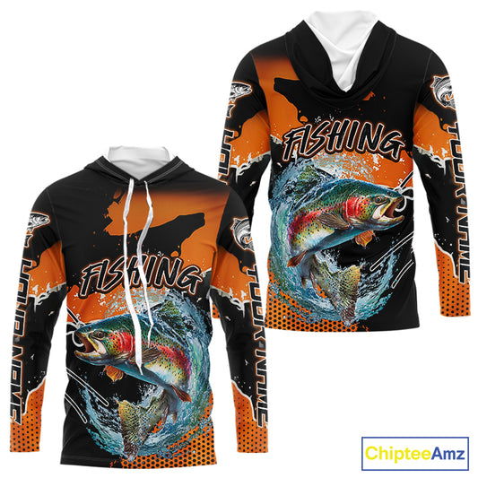 Rainbow Trout Fishing Custom Orange Long Sleeve Hooded Fishing Shirts, Trout Tournament Fishing Jerseys NBT343