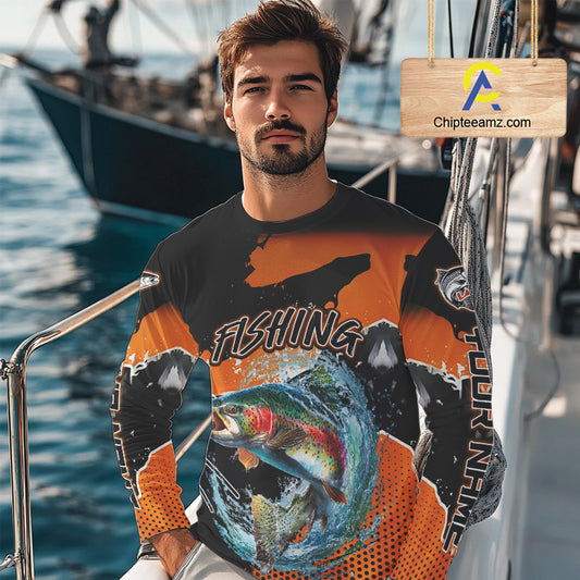 Rainbow Trout Fishing Custom Orange Long Sleeve Fishing Shirts, Trout Tournament Fishing Jerseys NBT343