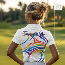 Load image into Gallery viewer, Rainbow Color Womens Golf Polo Shirts Golf Ball Pattern Custom Name, White Golf Shirt For Ladies NBT545