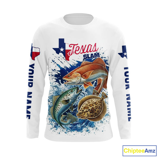 Texas Slam Fishing Redfish, Trout, Flounder Fishing Shirts Long Sleeve, Texas Flag Fishing Jerseys NBT445