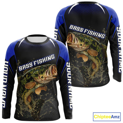 Custom Largemouth Bass Fishing Blue Custom Name Long Sleeve Jerseys, Bass Fishing Tournament Shirts NBT357
