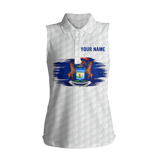 Michigan Flag White Golf Ball Pattern Womens Sleeveless Polo Shirt Custom Patriotic Women Golf Shirts LDT0499