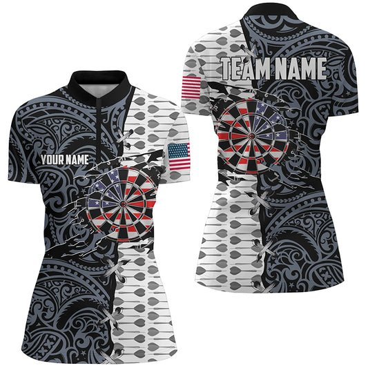Split Tribal American Flag Darts Quarter-Zip Shirts Custom Patriotic Darts Shirt For Women LDT0819