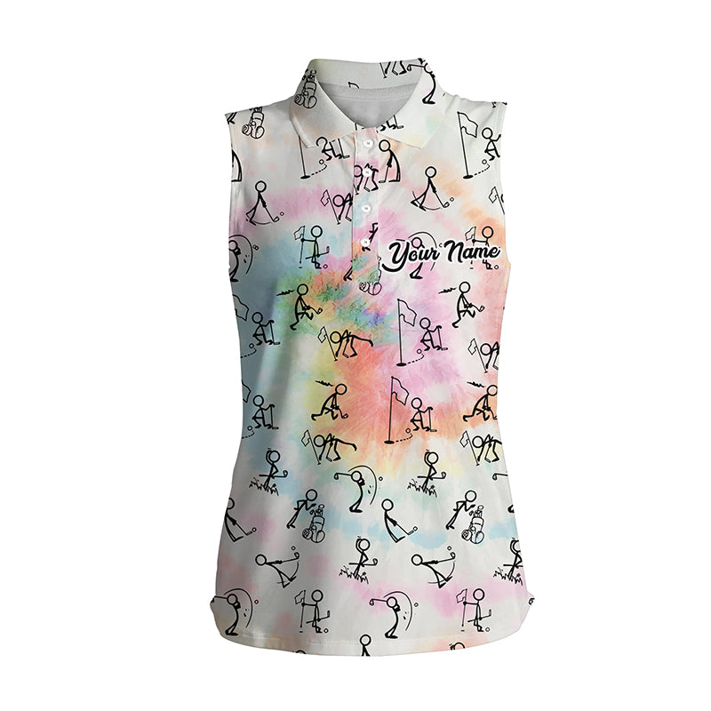 Womens Sleeveless Polo Shirt Rainbow Tie Dye Stick Figures Playing Golf Custom Golf Gifts For Women LDT1045