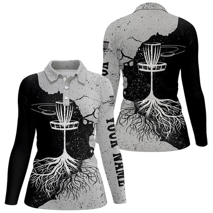 Womens Disc Golf Polo Shirt Custom Name Black & Grey Disc Golf Basket Disc Golf Shirts For Women LDT0060