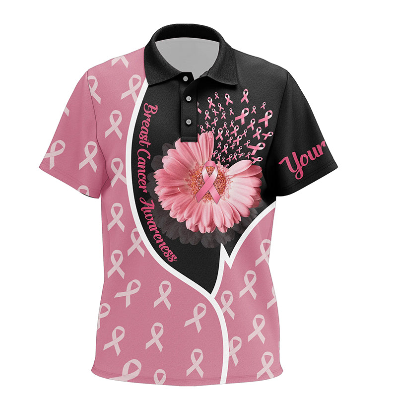 Flower Breast Cancer Awareness Black & Pink Custom Unisex Golf Shirts For Kid Pink Ribbon Golf Tops LDT0259