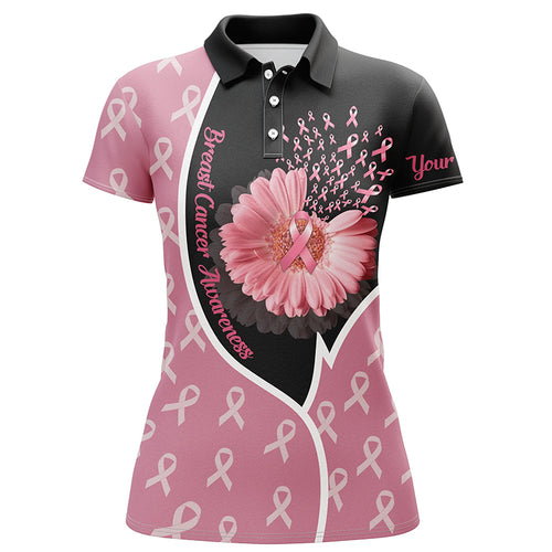 Flower Breast Cancer Awareness Black & Pink Custom Golf Shirt For Women Pink Ribbon Golf Tops LDT0259