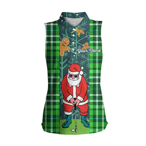 Christmas Santa Womens Sleeveless Polo Shirt Flannel Plaid Pattern Green Womens Golf Shirts Golf Gifts LDT0894