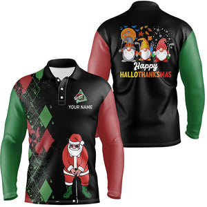 Happy Hallothanksmas Christmas Argyle Santa Playing Golf Mens Polo Shirt Funny Golf Tops LDT0594