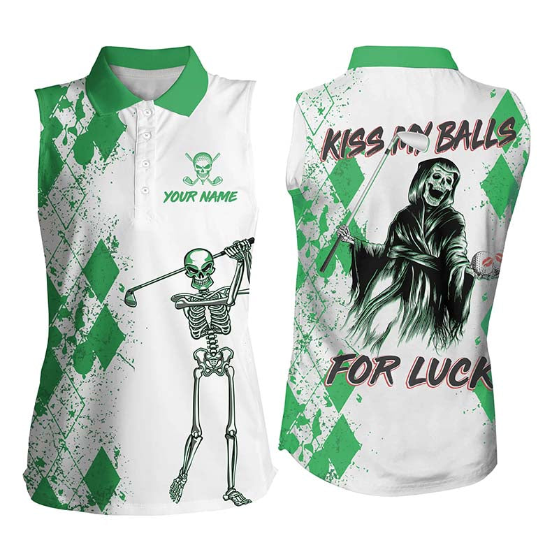 Kiss My Balls Sleeveless Golf Polo Shirts Skeleton Green Argyle Scary Halloween Golf Shirts For Women LDT0324