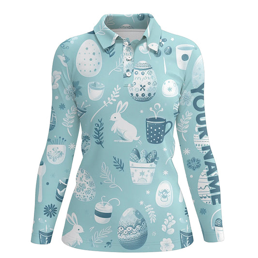 Blue Funny Easter Eggs & Bunnies Womens Golf Polo Shirt Custom Easter Day Golf Tops For Women LDT1334