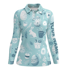 Load image into Gallery viewer, Blue Funny Easter Eggs &amp; Bunnies Womens Golf Polo Shirt Custom Easter Day Golf Tops For Women LDT1334