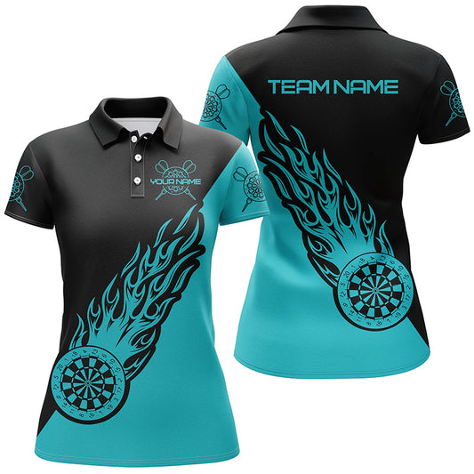 Personalized Turquoise & Black Flame Darts Polo Shirt Darts Shirt For Women Dart Jersey LDT0696
