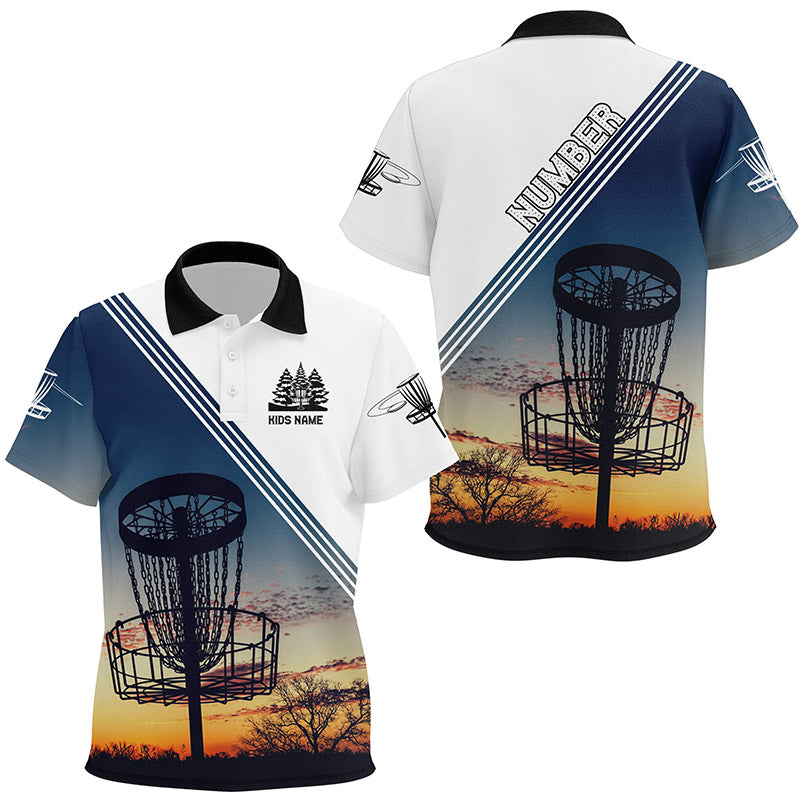 Sunset Personalized Disc Golf Kids Polo Shirt Custom Disc Golf Shirts For Kid Disc Golf Basket LDT0947