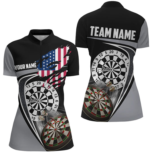 Black Grey American Flag Darts Quarter Zip Shirt Custom Patriotic Dart Jerseys For Women LDT1385